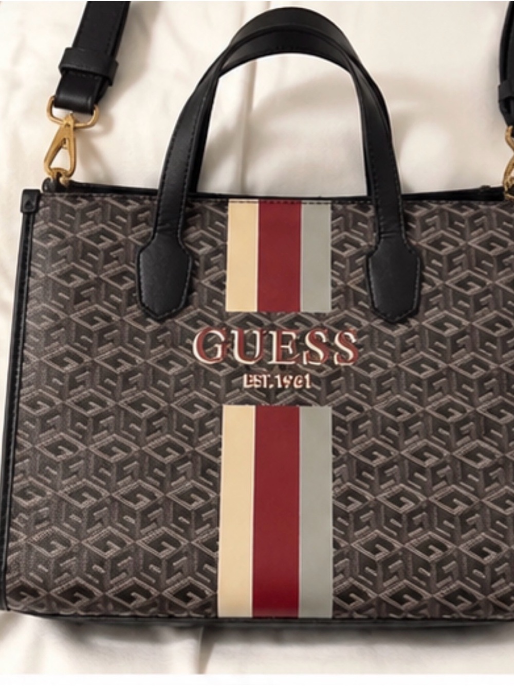 GUESS Monogram Logo Satchel Tote Crossbody Bag Brown Burgundy Stripe - Picture 2 of 8